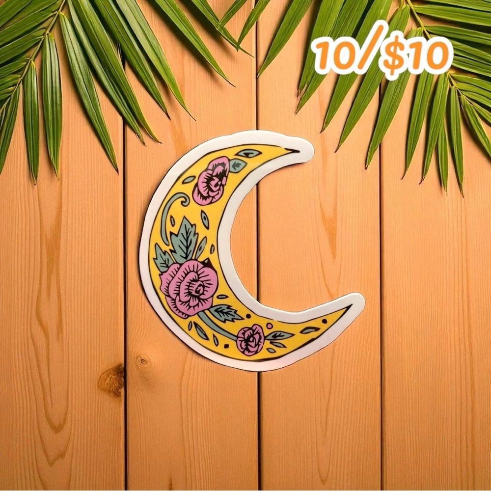 Floral Crescent Moon Vinyl Sticker – Yellow & Pink Rose Moon Phase, Boho Art